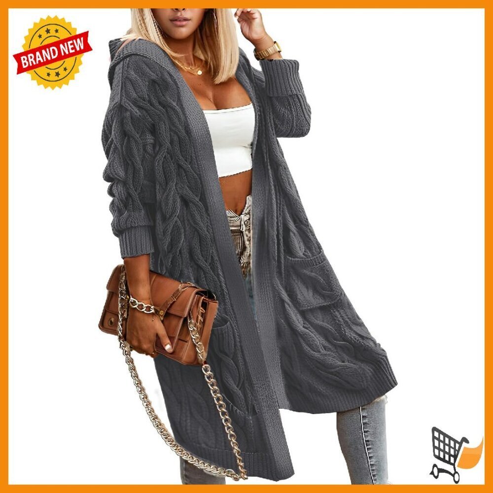 Oversized Hooded Cardigan Sweater with Pockets Cable Knit Long